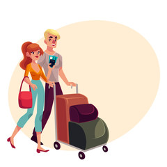 Man and woman travelling together, going on vacation, pushing luggage trolley, cartoon illustration on background with place for text. Full length portrait of young couple, man and women in airport