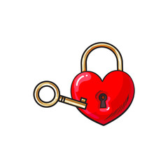 Red heart shaped padlock and key for love lock unity ceremony, sketch style illustration isolated on white background. Realistic hand drawing of shiny red lock and vintage key for wedding ceremony