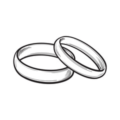 Pair of traditional golden wedding rings, sketch style illustration isolated on white background. Realistic hand drawing of rings for bride and groom, symbol of eternal love - obrazy, fototapety, plakaty