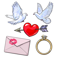 Wedding, engagement icon set with doves, arrow pierced heart, golden ring and love letter, sketch style vector illustration isolated on white background. Wedding attributes - doves, ring, heart, kiss