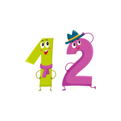 Cute and funny colorful 12 number characters, cartoon vector illustration isolated on white background. twelve smiling characters, birthday greetings, anniversary