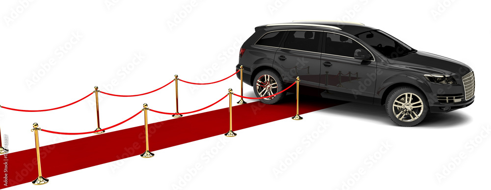 Poster red carpet suv / 3d render image representing an luxury suv at the end of a red carpet