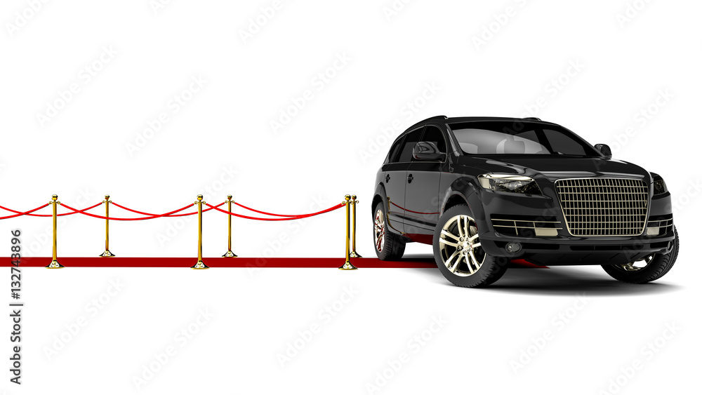 Poster red carpet suv / 3d render image representing an luxury suv at the end of a red carpet