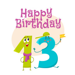 Happy birthday vector greeting card, poster, banner design with cute and funny thirteen number characters. thirteen smiling characters, happy birthday greeting card template
