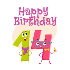 Happy birthday vector greeting card, poster, banner design with cute and funny fourteen number characters. fourteen smiling characters, happy birthday greeting card template