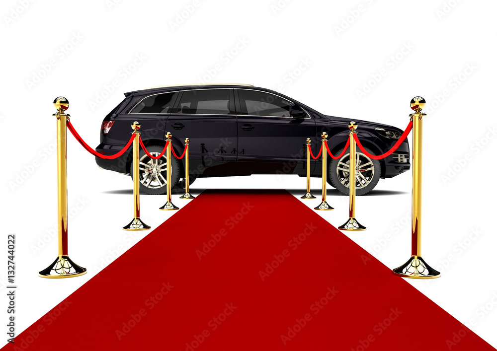 Poster red carpet suv / 3d render image representing an luxury suv at the end of a red carpet