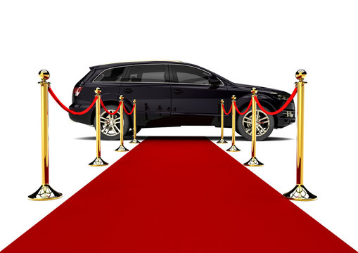 Red Carpet SUV / 3D render image representing an luxury SUV at the end of a red carpet 