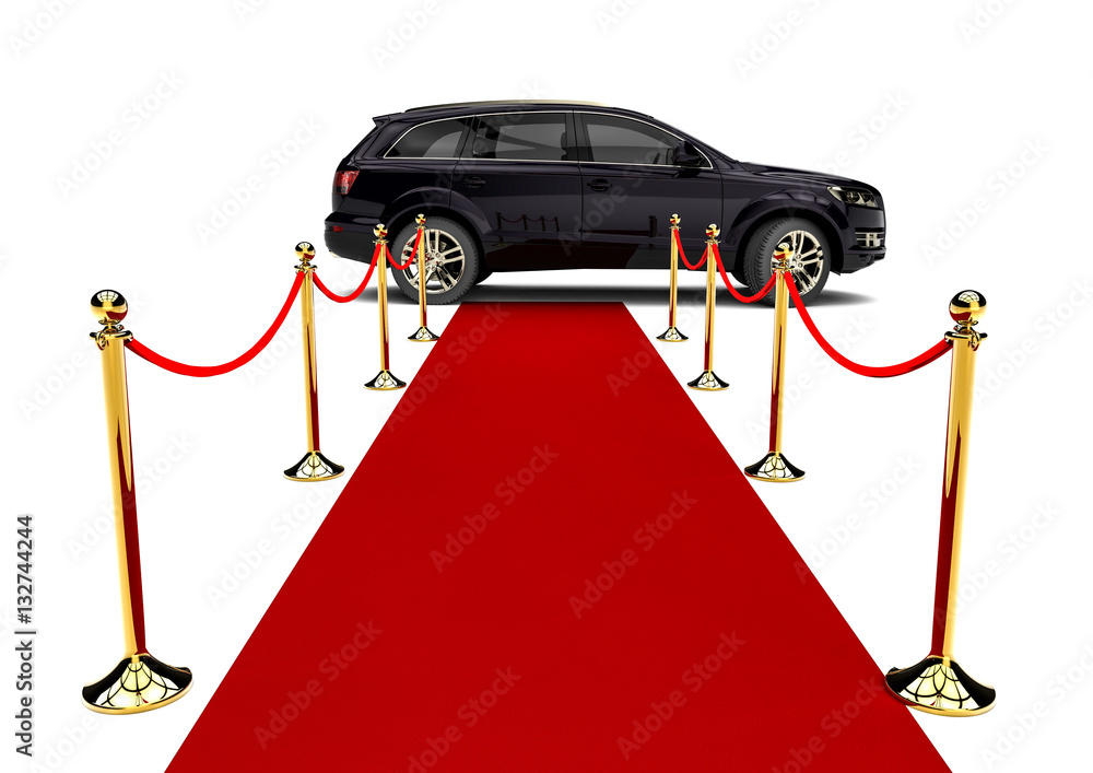 Poster red carpet suv / 3d render image representing an luxury suv at the end of a red carpet