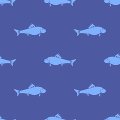 Fresh Fish Isolated on Blue Background. Seamless Pattern