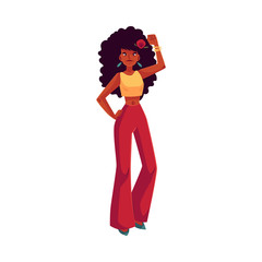 Young woman with long afro curly hair in 1960s style trousers dancing disco, cartoon style vector illustration isolated on white background. Girl, woman in retro style trousers with afro black hair