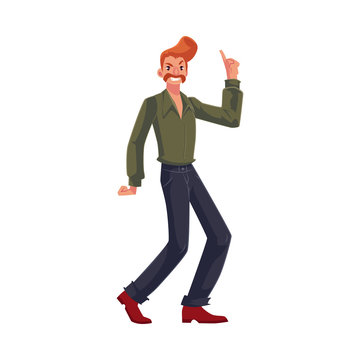Red haired man in 1970s style clothes with beehive hair style dancing disco, cartoon vector illustration isolated on white background. Young man with beehive red hair dancing at retro disco party