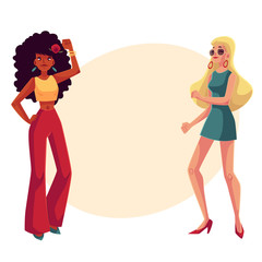 Young women, black and white, in 1960s style clothing dancing disco, cartoon style vector illustration on background with place for text. African and caucasian girls in retro style clothes