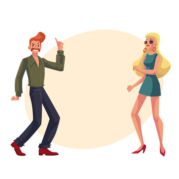 Red haired man and blond woman 1970s style clothes dancing disco, cartoon style vector illustration on background with place for text. Man with beehive and girl in short 1960s dress at retro party