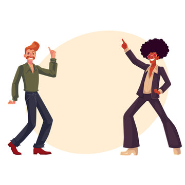 Two guys, in afro wig and with a beehive, wearing 1970s style clothes dancing disco, cartoon vector illustration on background with place for text. Afro wig, beehive, flared pants, retro disco party