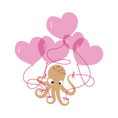 Valentines day banner with cute octopus with balloons made out of heart. Vector illustration.