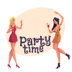 Young clubber girls, blond and black haired, in short red dresses dancing at party, cartoon style invitation, greeting card design. Party invitation, advertisement, Young women drinking cocktails
