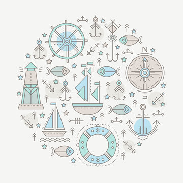 Vector illustration with outlined nautical seafaring signs and marine animals
