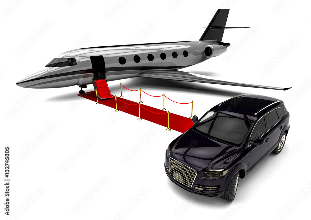 Poster luxury suv with private jet plane an red carpet / 3d render image representing an luxury suv with a 
