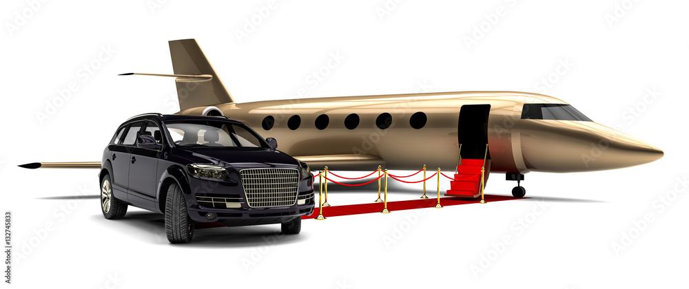 Aufkleber luxury suv with private jet plane an red carpet / 3d render image representing an luxury suv with a 