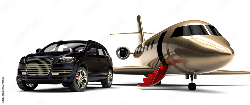 Aufkleber luxury suv with private jet plane an red carpet / 3d render image representing an luxury suv with a 