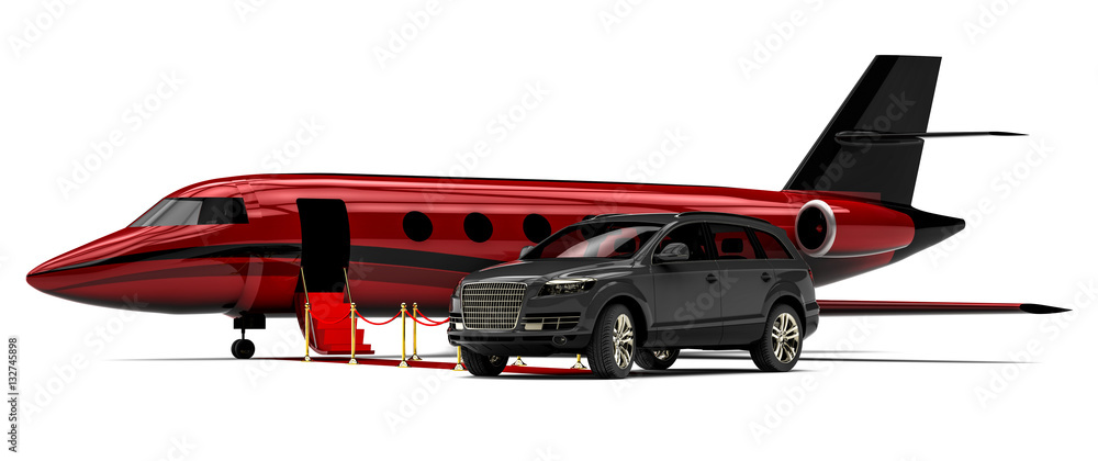 Aufkleber luxury suv with private jet plane an red carpet / 3d render image representing an luxury suv with a 