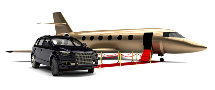 Luxury SUV with private Jet plane an red carpet  / 3D render image representing an luxury SUV with a plane and a red carpet