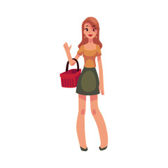 Young beautiful woman with a shopping basket, cartoon vector illustration isolated on white background. Full length portrait of young pretty girl, woman holding a red shopping basket