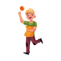 Little blond boy running with pack of chips and lollipop in hands, cartoon vector illustration isolated on white background. Boy holding package of chips and lollipop and running happily