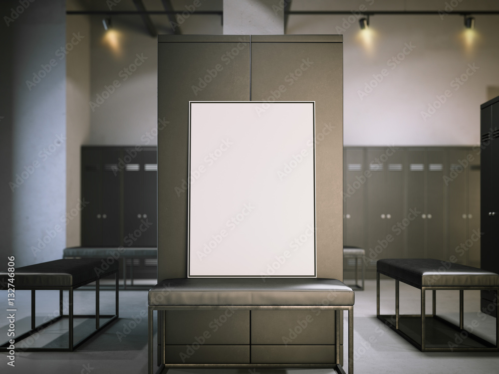Poster blank poster on a bench in locker room. 3d rendering