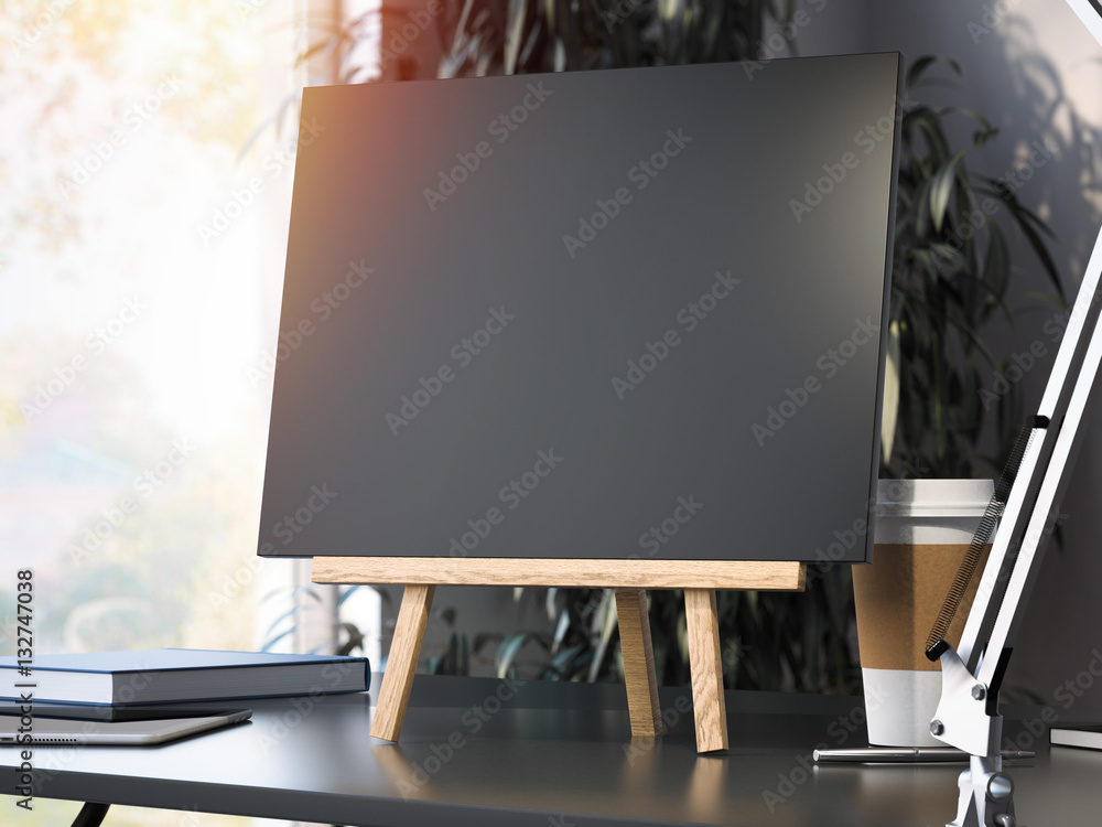 Poster wooden small easel with blank frame. 3d rendering