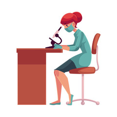 Lab, laboratory assistant, technician wearing medical mask and rubber gloves sits at the table and looks into microscope, cartoon vector illustration isolated on white background. Female laboratorian