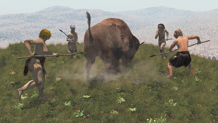 Group of neandertal warrios hunting a bison, 3d render © nicolasprimola