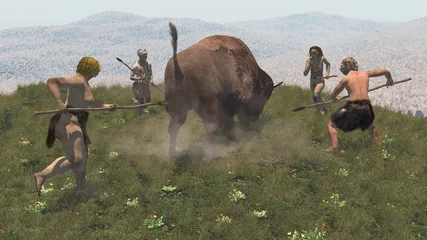 Poster Group of neandertal warrios hunting a bison, 3d render © nicolasprimola