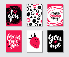 Valentines day gift card vector set. Hand drawn printable templates with lettering, texture, love quotes.