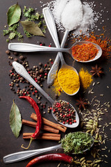 Various spices spoons on stone table