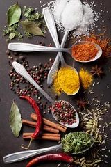 Keuken spatwand met foto Various spices spoons on stone table © karandaev