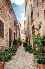 Typical narrow village street with flower pots in facades. Valldemossa village, Majorca, Spain. 