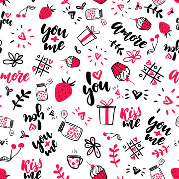 Valentine S Day Vector Seamless Pattern. Isolated Artistic Doodle Drawings, Lettering, Love Quotes.