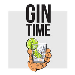 Hand holding glass of gin, vodka, soda water with ice and lime, sketch style vector illustration for poster, banner, invitation design. Hand drawing of male hand with alcohol drink, gin time concept