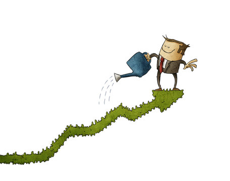 Business man climbed on a bush-shaped graph and watering it