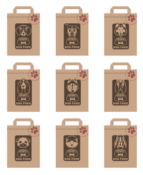 collection of various food packages with dogs heads