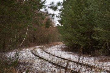 Fototapeta na wymiar Snow covered railroad in the forest.