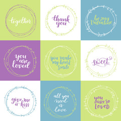 Valentines Day vector wreath greeting card set. Romantic floral design for your inspiration. Green, purple and blue hand drawn lettering about love and motivation. Illustration collection.