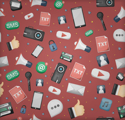 Vector cartoon seamless pattern of multimedia, social media and blogging for gift wrapping paper, covering and branding on the red background.