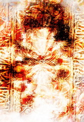 ancient ornamental structure with filigrane pattern on abstract background. Fire effect.