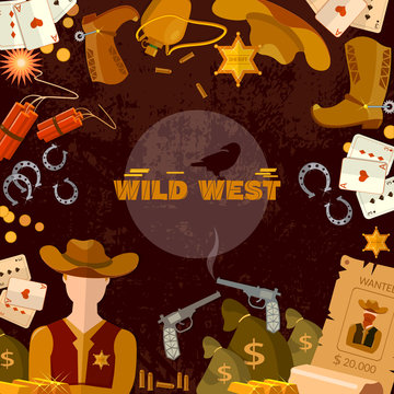 Wild West background. Cowboy, sheriff, guns, money. Western set