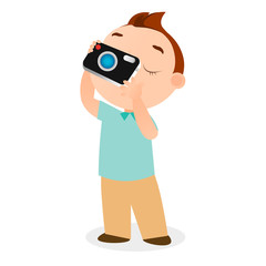 Boy with camera. Vector illustration eps 10 isolated on white background. Flat cartoon style