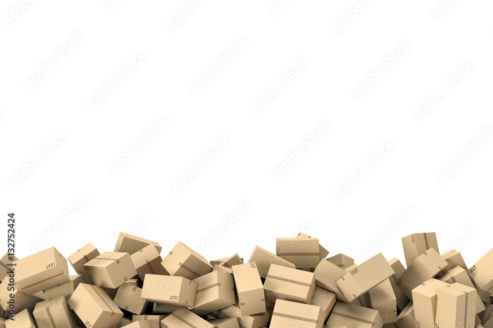 Poster rendering frame made of light beige cardboard mail boxes lying at the bottom on white background.