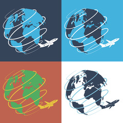 Globe and plane vector icons. Plane flies all over the world. Logo for travel agency. Traveling all around the world concept.