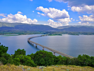 Beautiful view over water reservoir lake in Kozani, Greece.